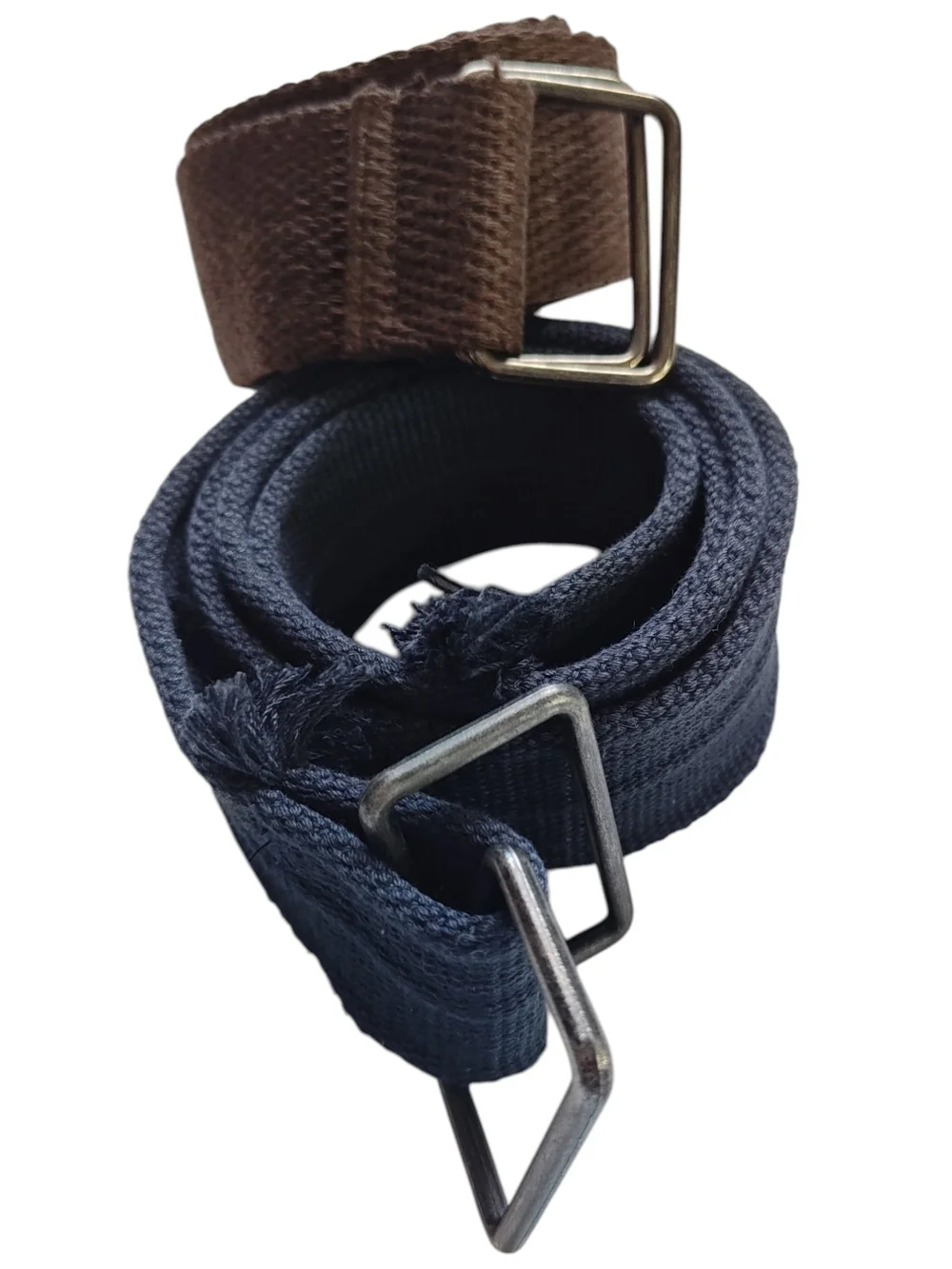 2pc Lot Webbing Canvas Belts D-Ring Buckle Brown Navy Blue Casual Utility Strap